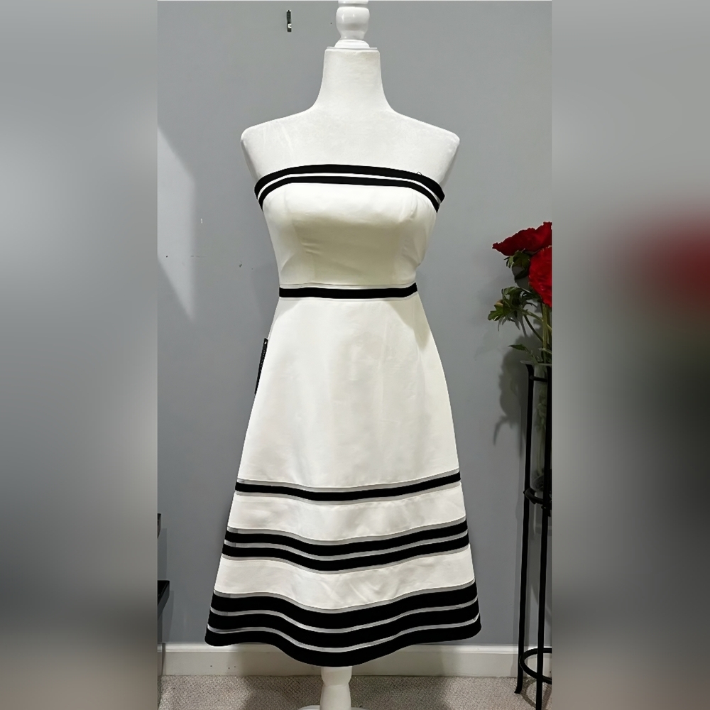 NWT ANN TAYLOR Strapless White Dress with Black Band Trim SZ 10P